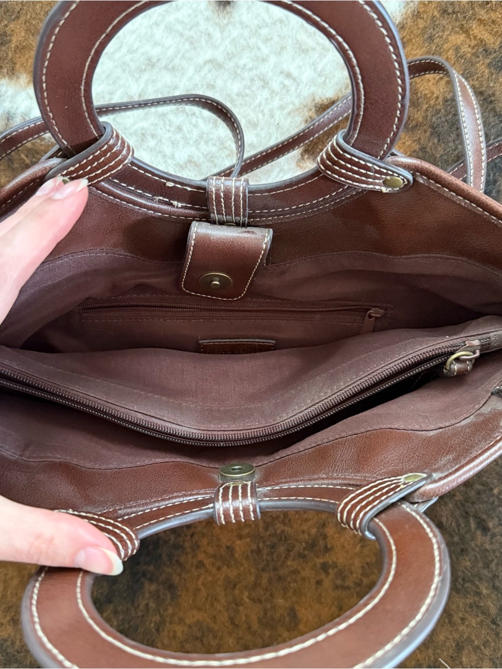 Structured Red Tote with Brown Leather Ring Handles - Picture 4 of 4